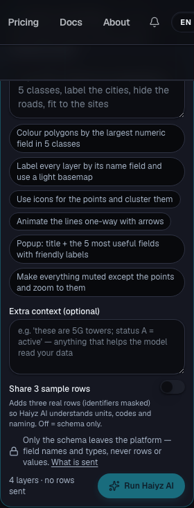 Hyz AI on a map: the prompt, the extra-context box, the sample-rows switch and the privacy note