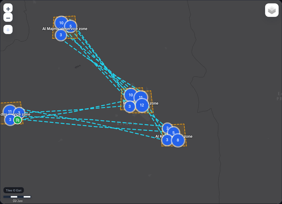 A styled operations map: substations as icons coloured by status, clustered where they crowd, and fibre links animated in the direction they carry